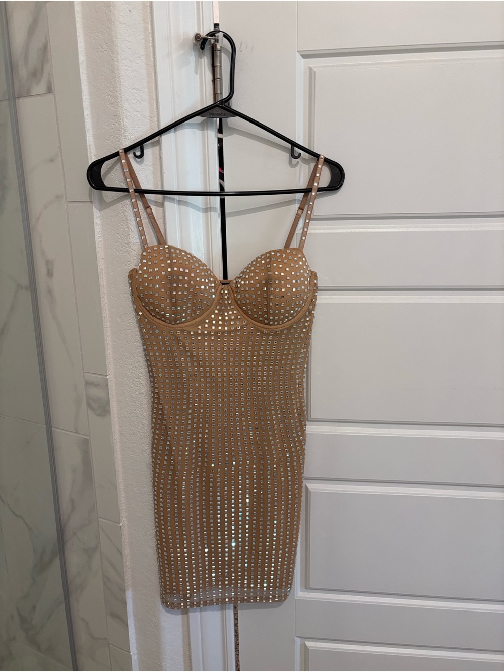 Banjul Nude Studded Mini Dress with Built-In Cups